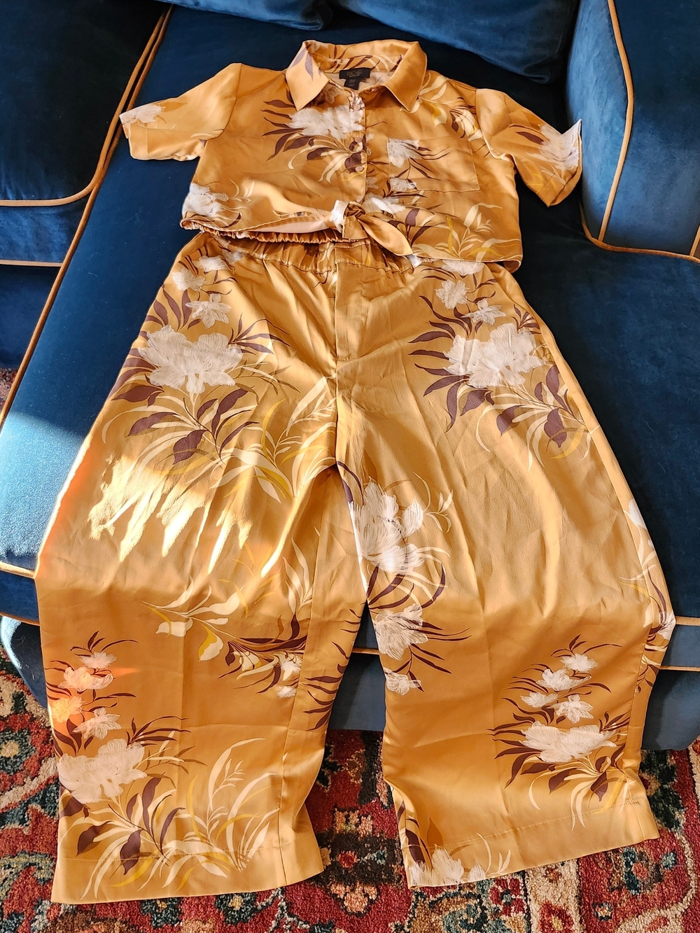 RACHEL Rachel Roy Mustard Yellow Floral Wide-Leg Pajama Set